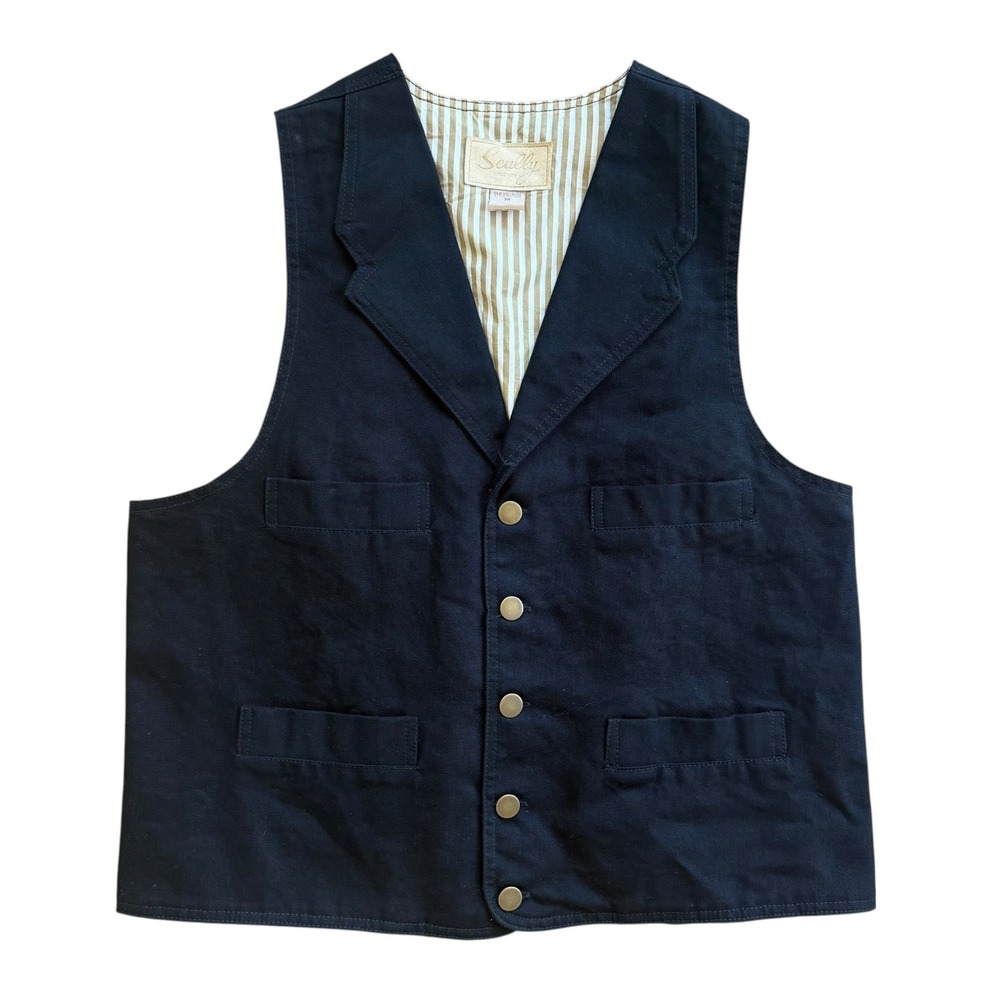 Scully Mens Black Canvas Western Vest Size M Notch Lapel Cinch Back Cotton